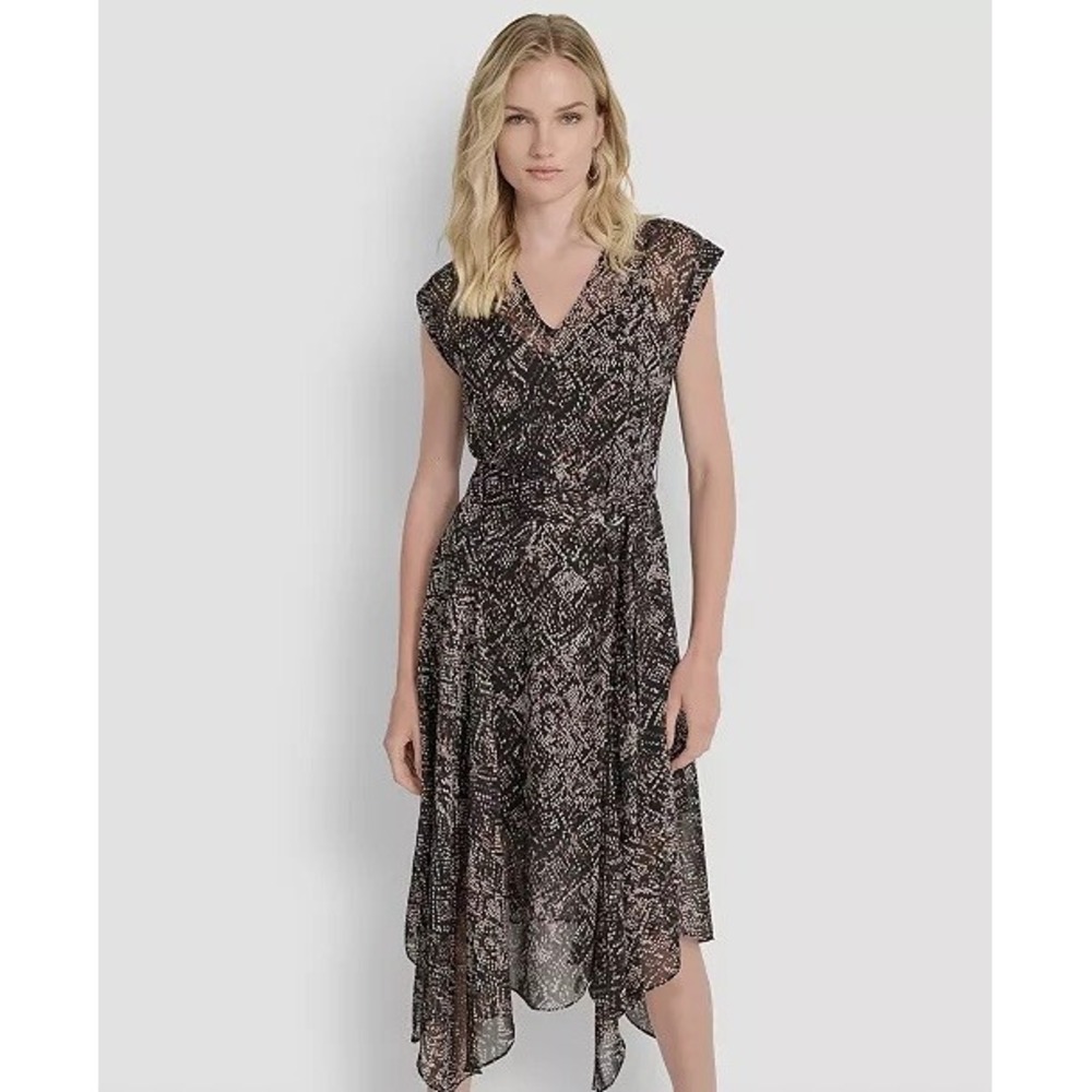 NWT DKNY Dress Womens Brown Snakeskin Print Handkerchief Hem Midi 6 $139